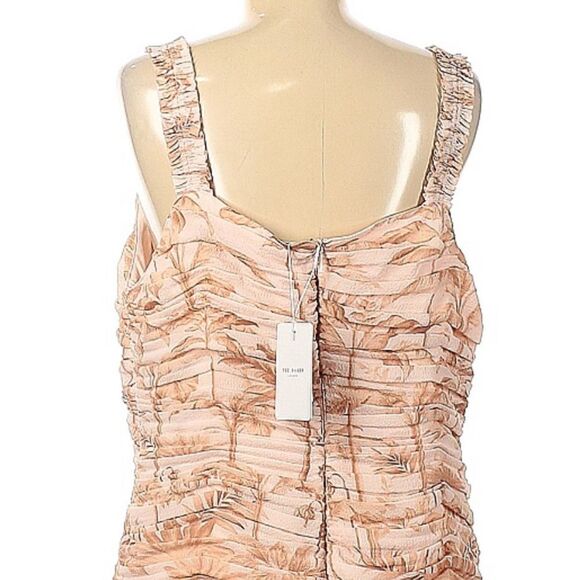 NWT Ted Baker Palm Tree Print Ruched Mini Dress pink/beige size 16 - Picture 8 of 15